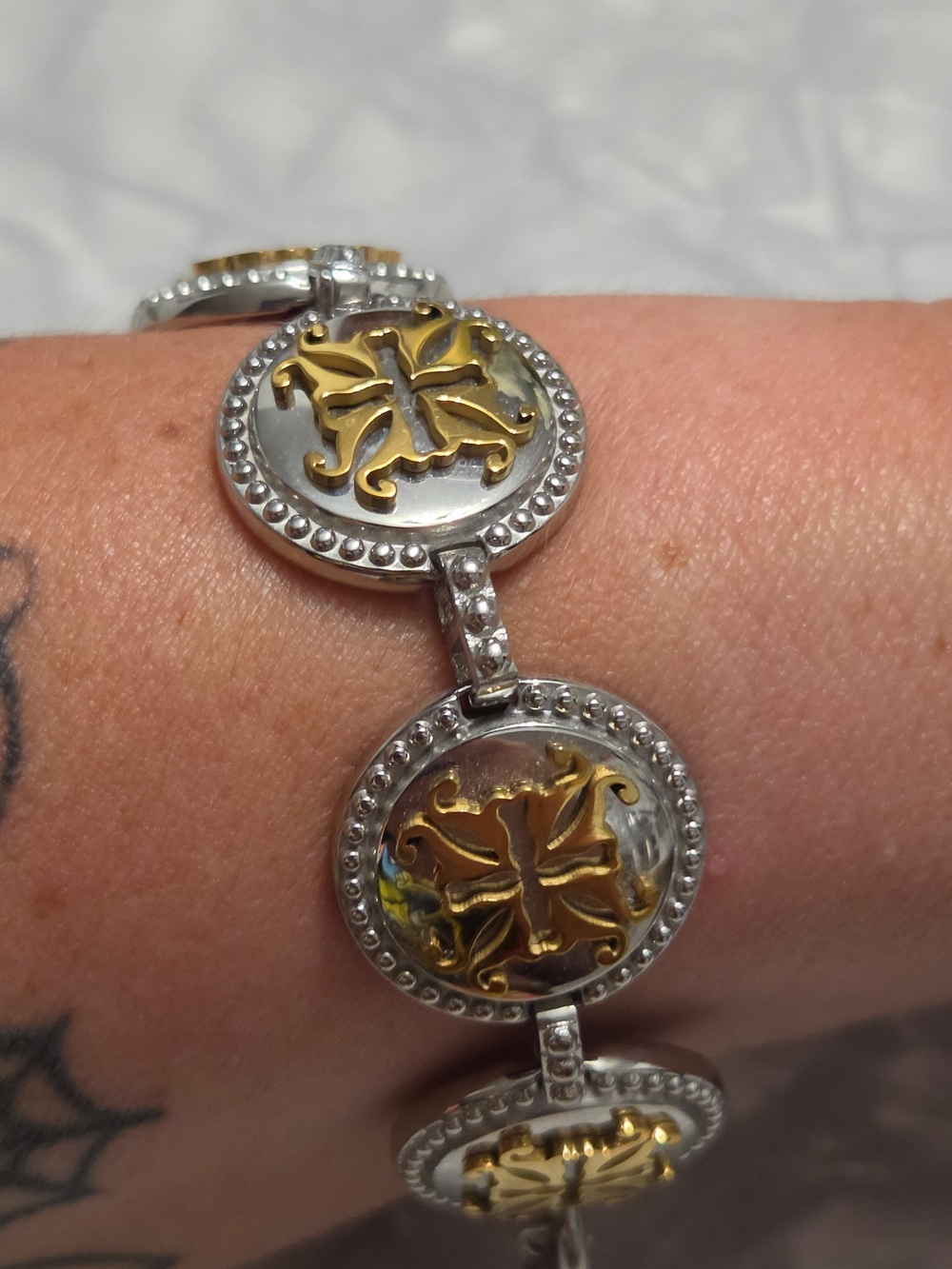 Rustic Cuff Two-Tone Motif Link Bracelet Adjustable 7.5 -8.5 In